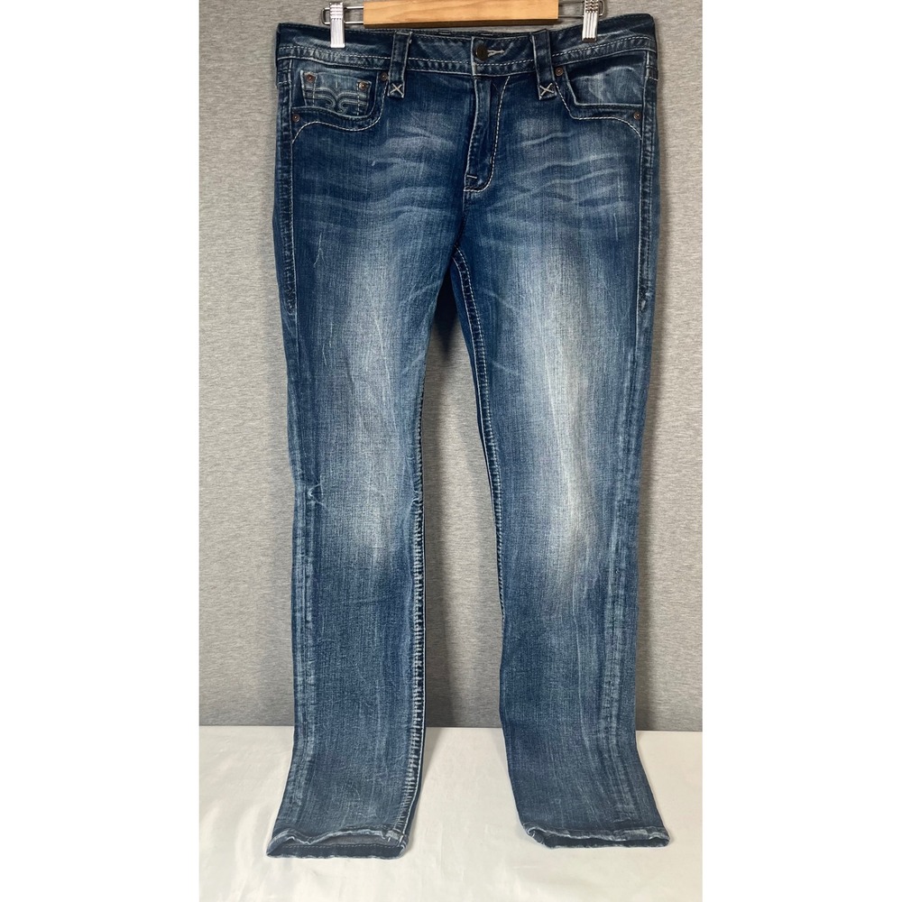 Rock Revival Muna Mid-Rise Skinny Jeans Blue Distressed Fleur De Lis Size 32